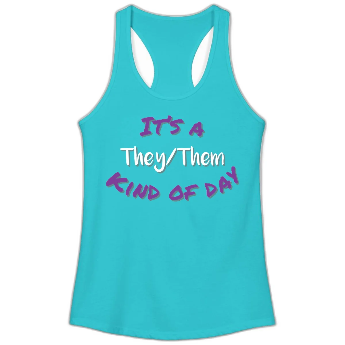 Purple 3D text reading 'IT'S 4 They/Them PROUD OF ME' with shadow effects on gray background in Solid Tahiti Blue