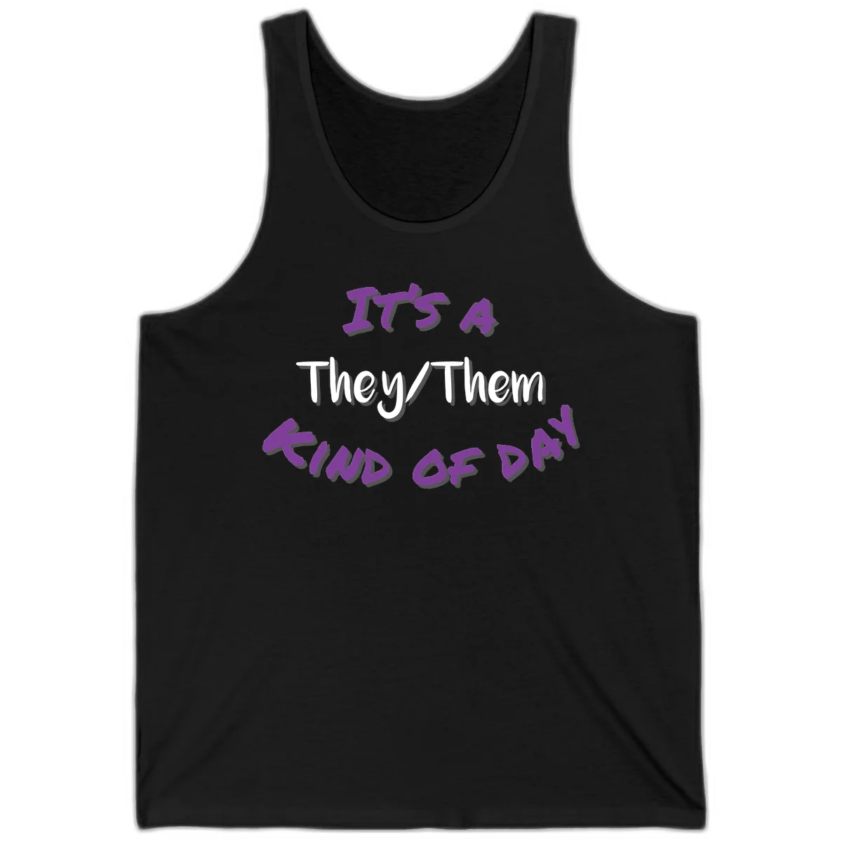 Purple 3D text reading 'IT'S 4 They/Them PROUD OF ME' with shadow effects on gray background in Black