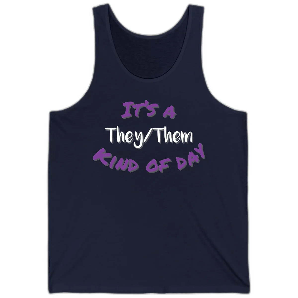 Purple 3D text reading 'IT'S 4 They/Them PROUD OF ME' with shadow effects on gray background in Navy