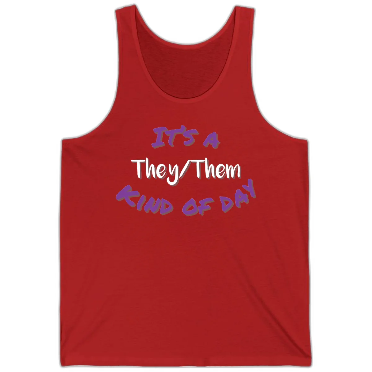 Purple 3D text reading 'IT'S 4 They/Them PROUD OF ME' with shadow effects on gray background in Red