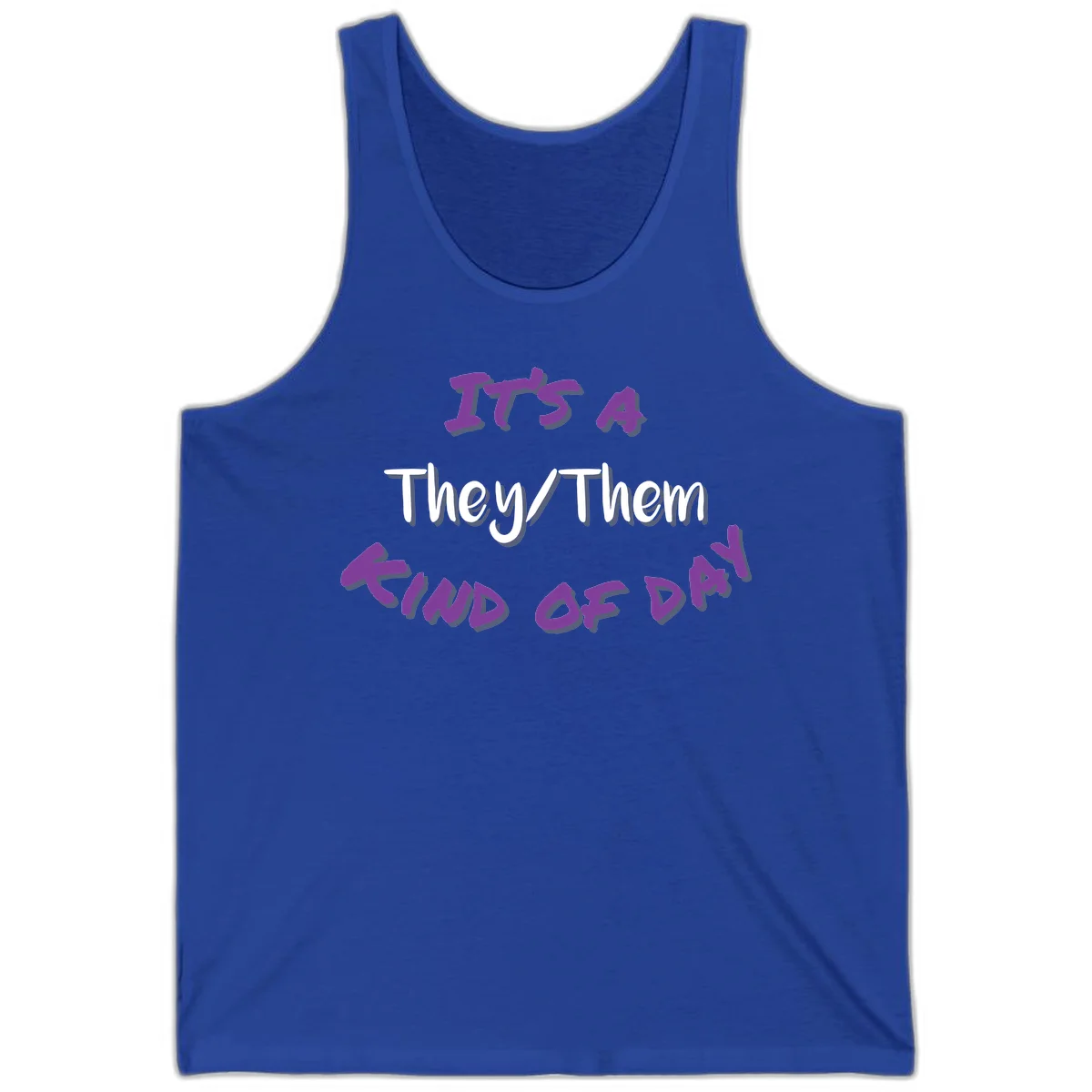 Purple 3D text reading 'IT'S 4 They/Them PROUD OF ME' with shadow effects on gray background in True Royal