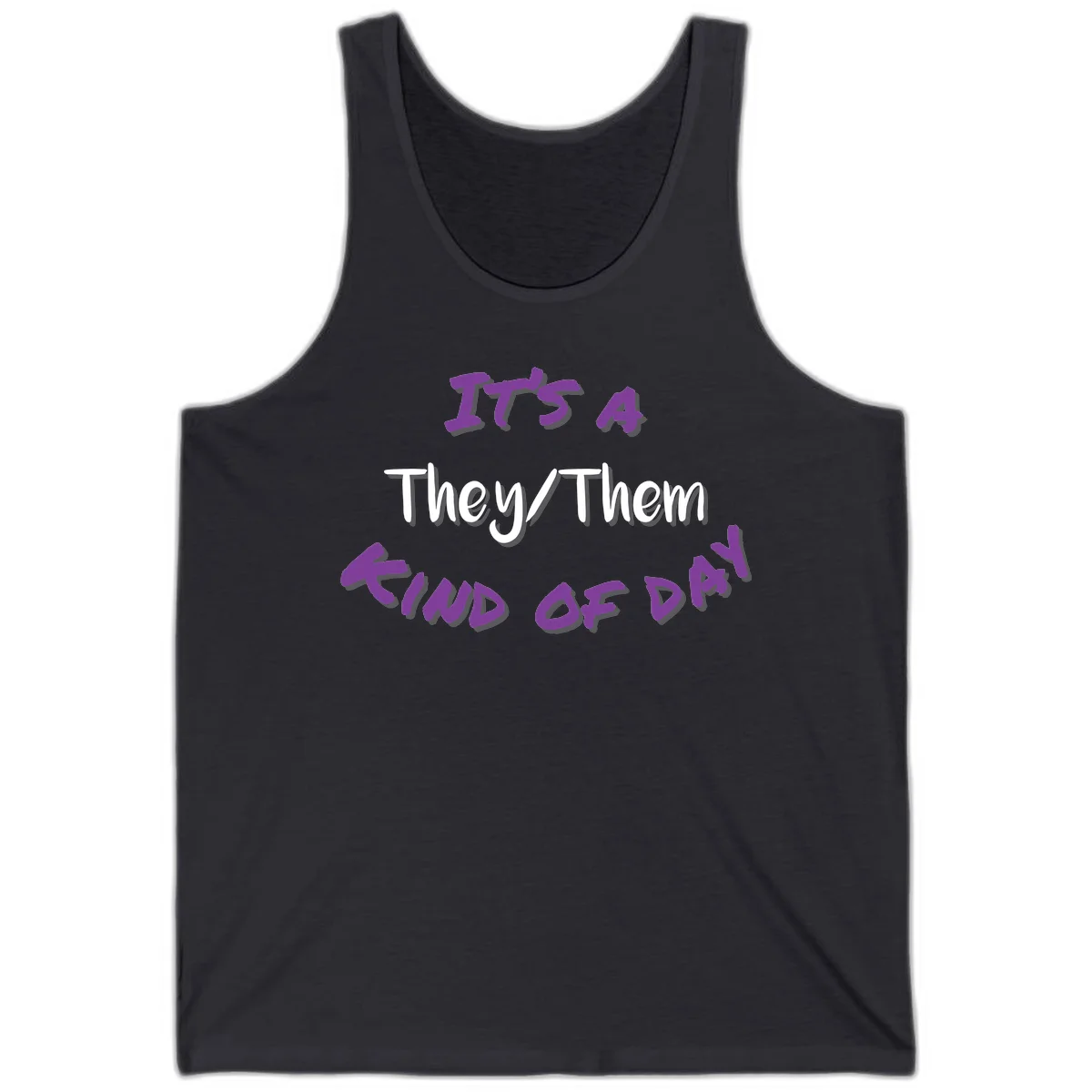 Purple 3D text reading 'IT'S 4 They/Them PROUD OF ME' with shadow effects on gray background in Dark Grey
