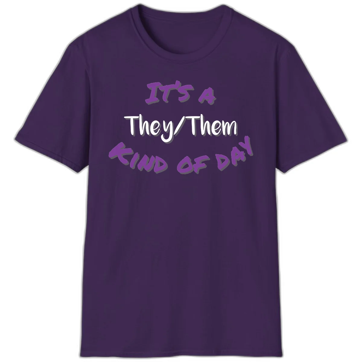Purple 3D text reading 'IT'S 4 They/Them PROUD OF ME' with shadow effects on gray background in Purple