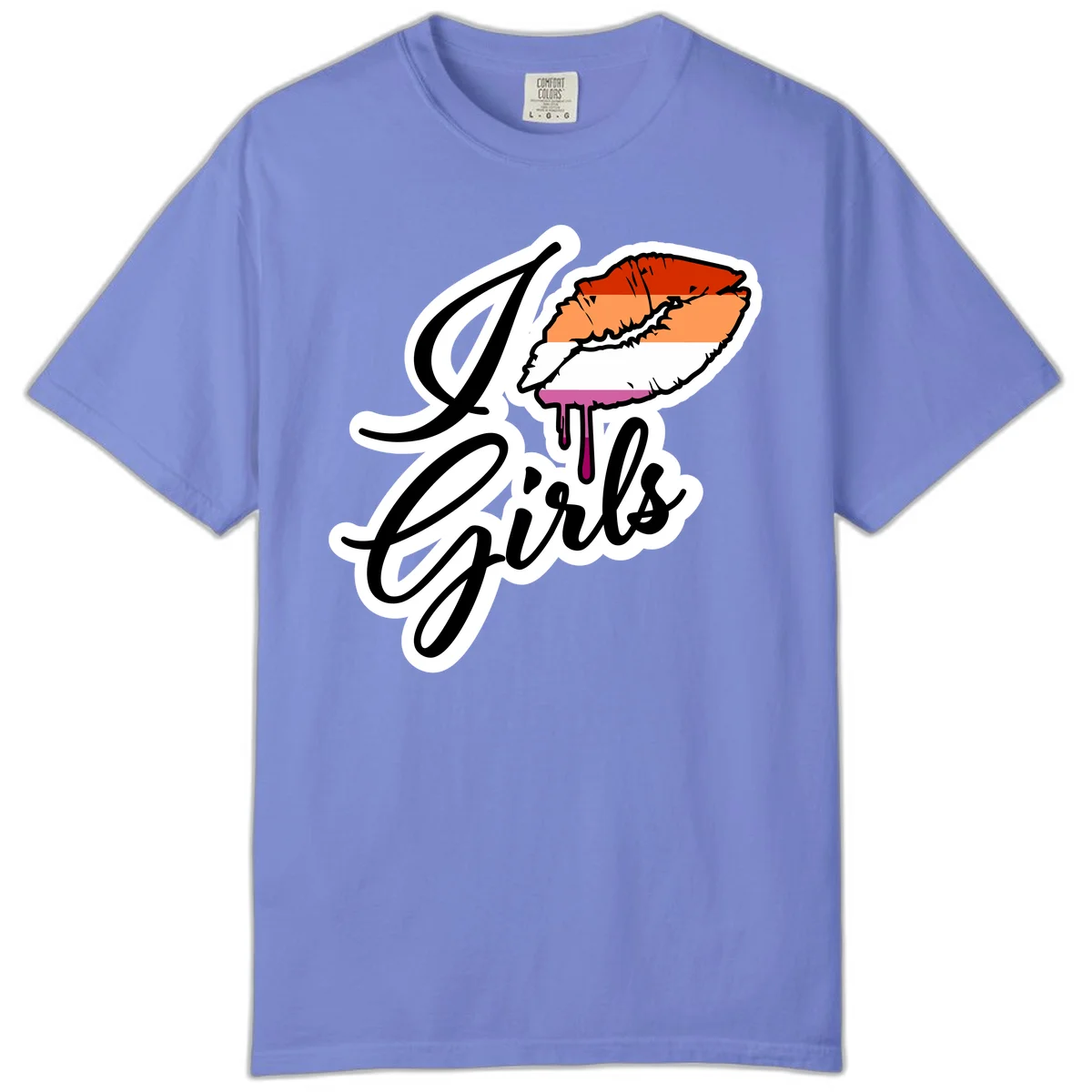 Illustrated girls trip lobster roll design with pride flag colors and flowing script lettering in Flo Blue