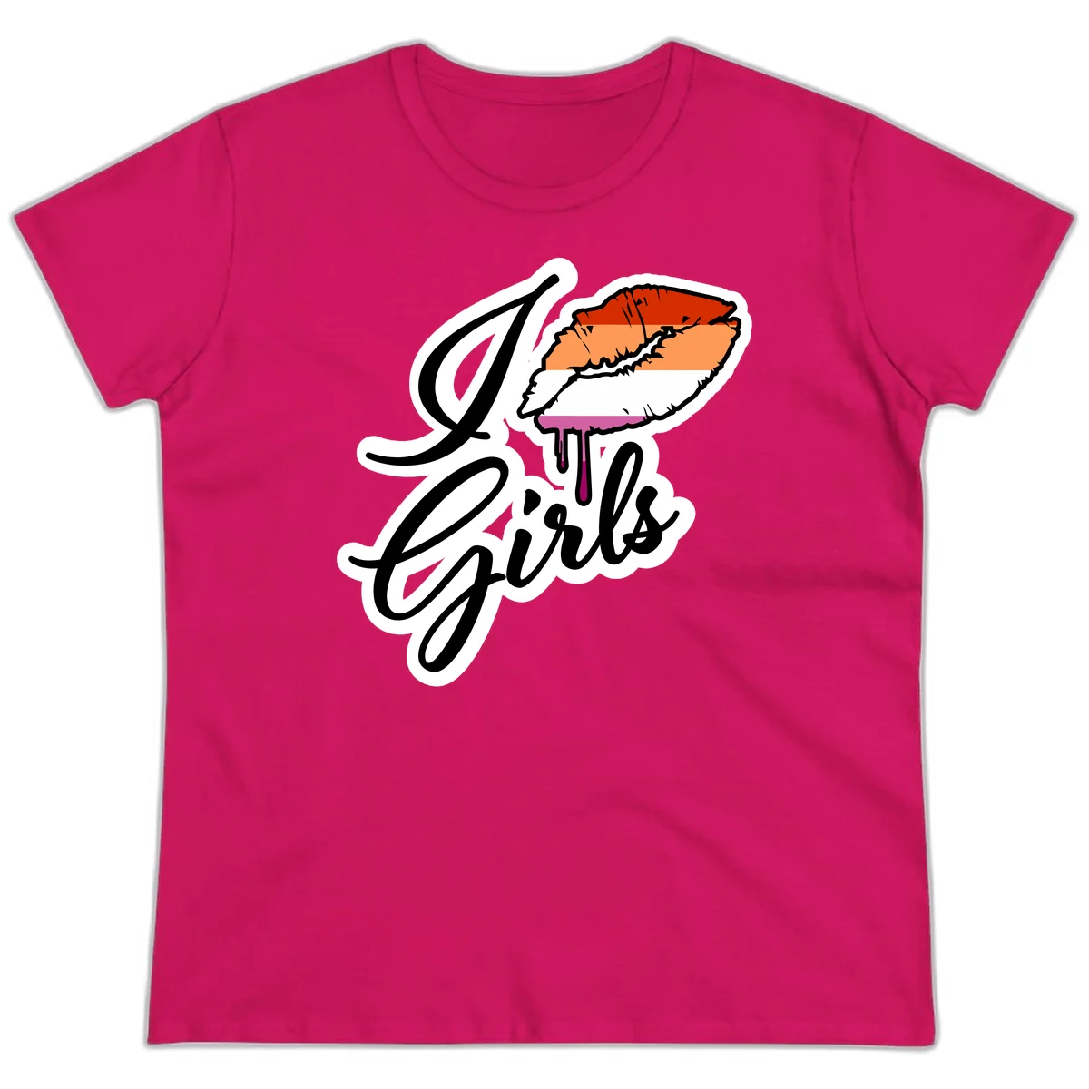 Illustrated girls trip lobster roll design with pride flag colors and flowing script lettering in Heliconia