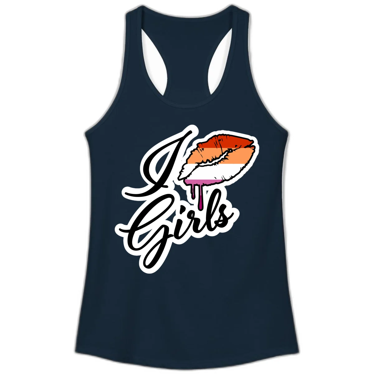 Illustrated girls trip lobster roll design with pride flag colors and flowing script lettering in Solid Midnight Navy