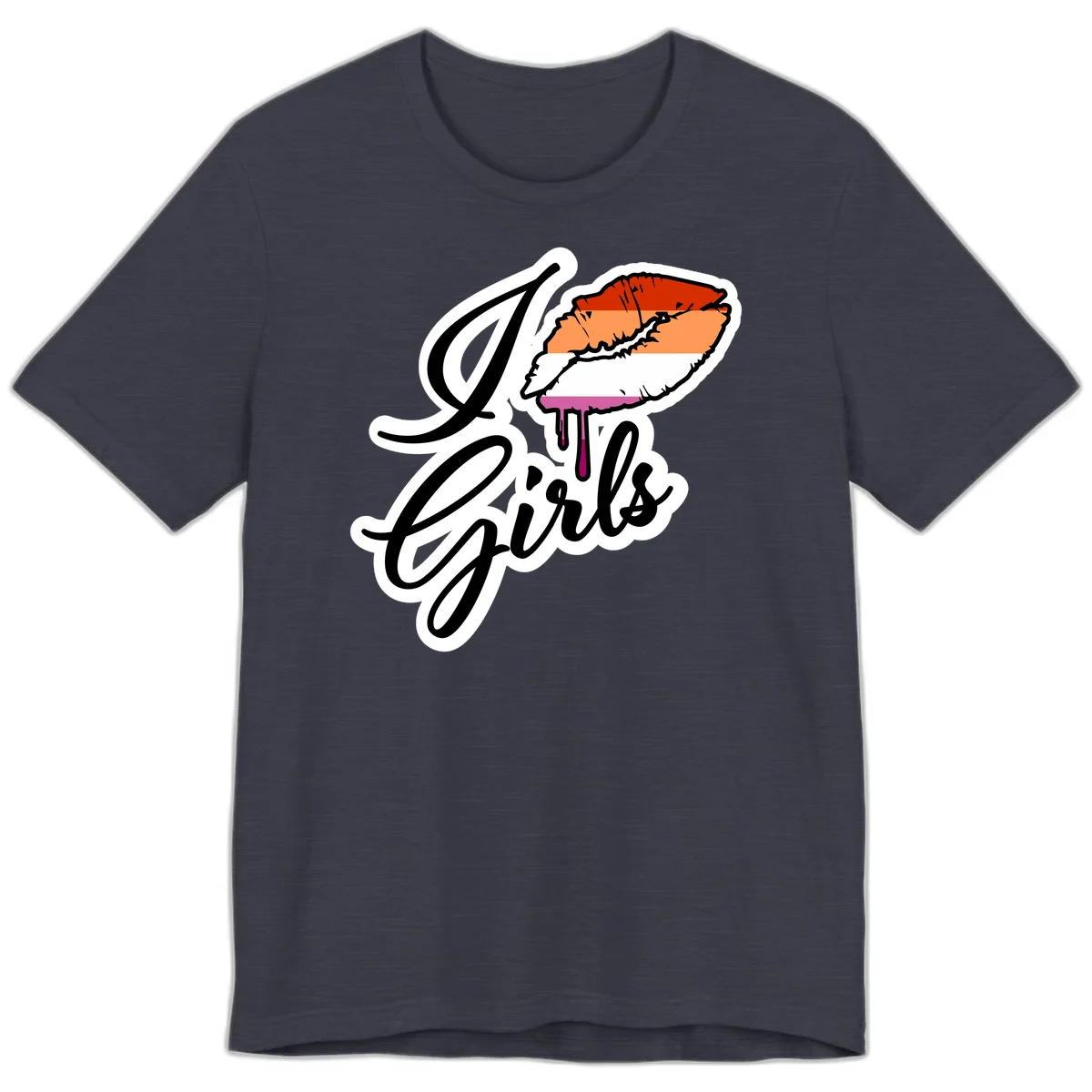 Illustrated girls trip lobster roll design with pride flag colors and flowing script lettering in Heather Midnight Navy