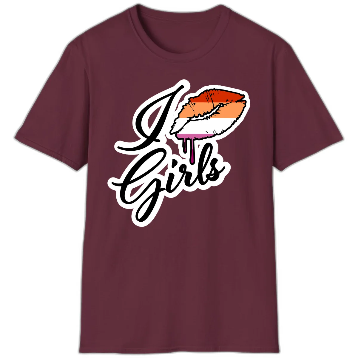Illustrated girls trip lobster roll design with pride flag colors and flowing script lettering in Maroon