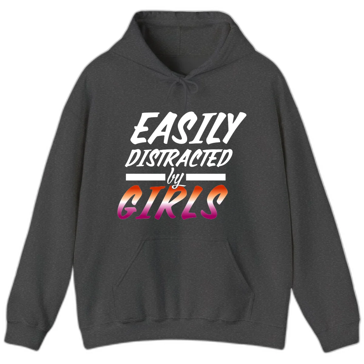 White and gradient red-to-pink text design reading 'Easily Distracted by GIKS' on gray background in Dark Heather