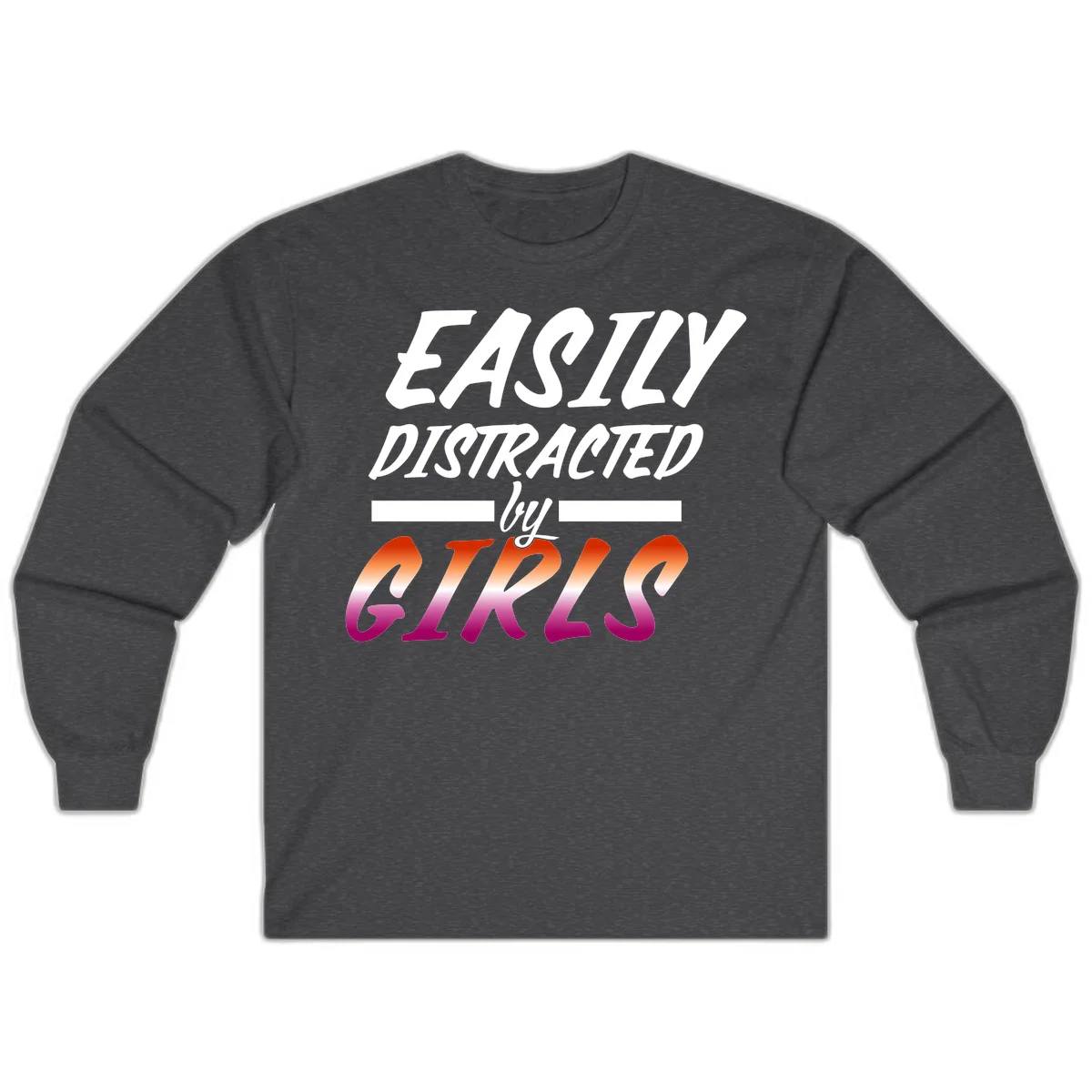 White and gradient red-to-pink text design reading 'Easily Distracted by GIKS' on gray background in Dark Heather