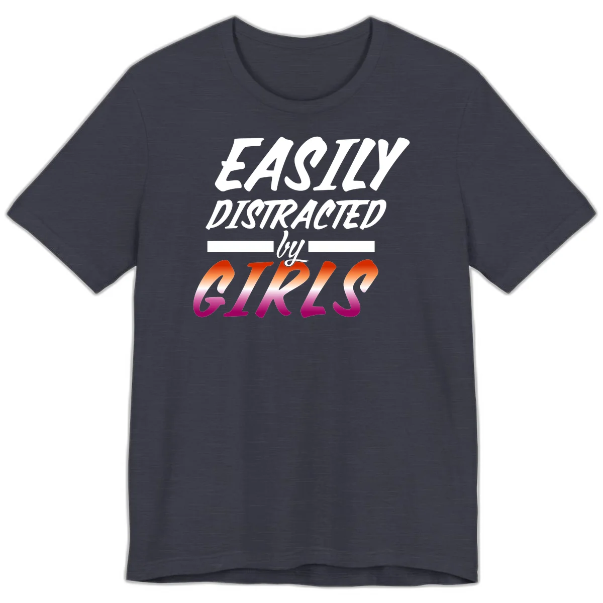 White and gradient red-to-pink text design reading 'Easily Distracted by GIKS' on gray background in Heather Midnight Navy