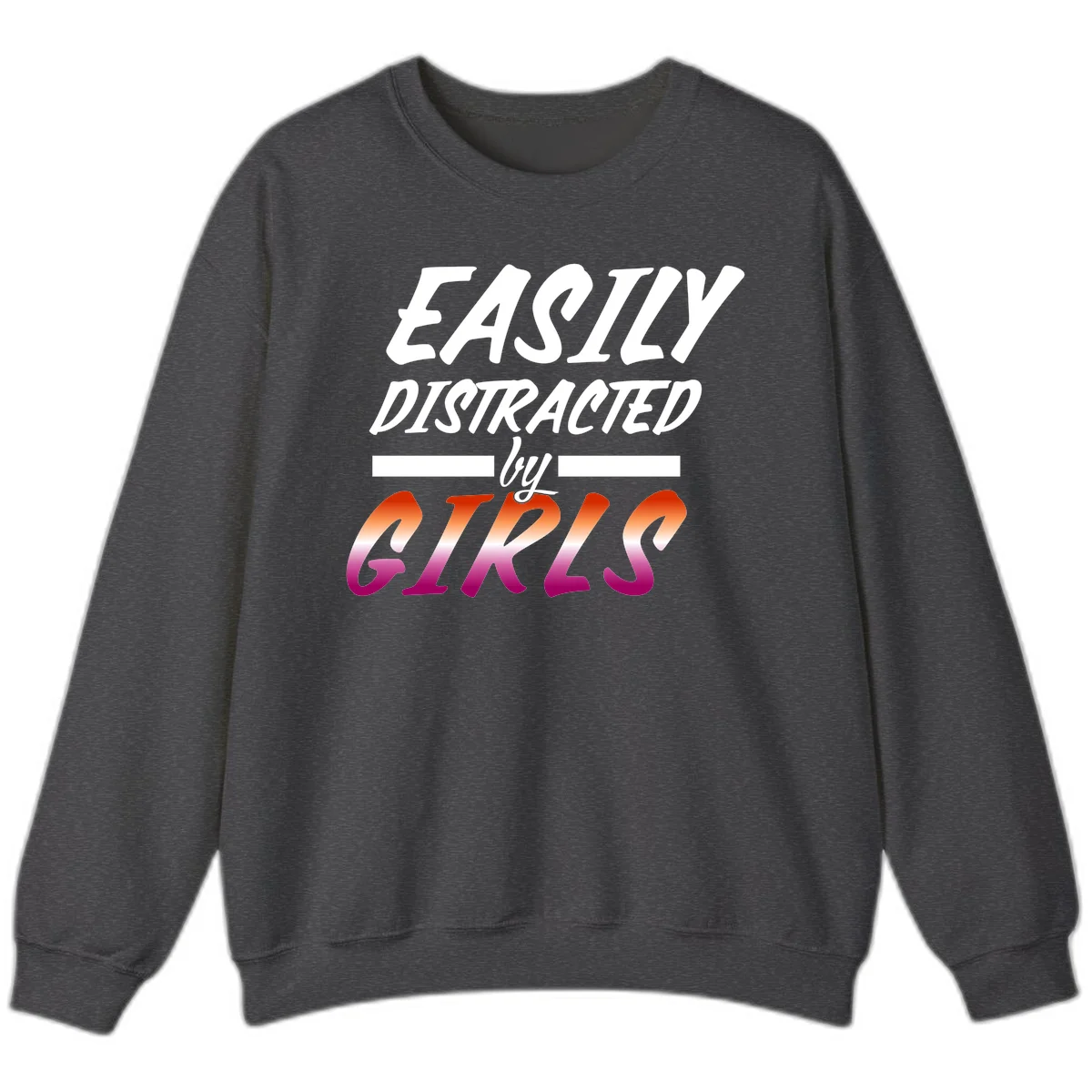 White and gradient red-to-pink text design reading 'Easily Distracted by GIKS' on gray background in Dark Heather