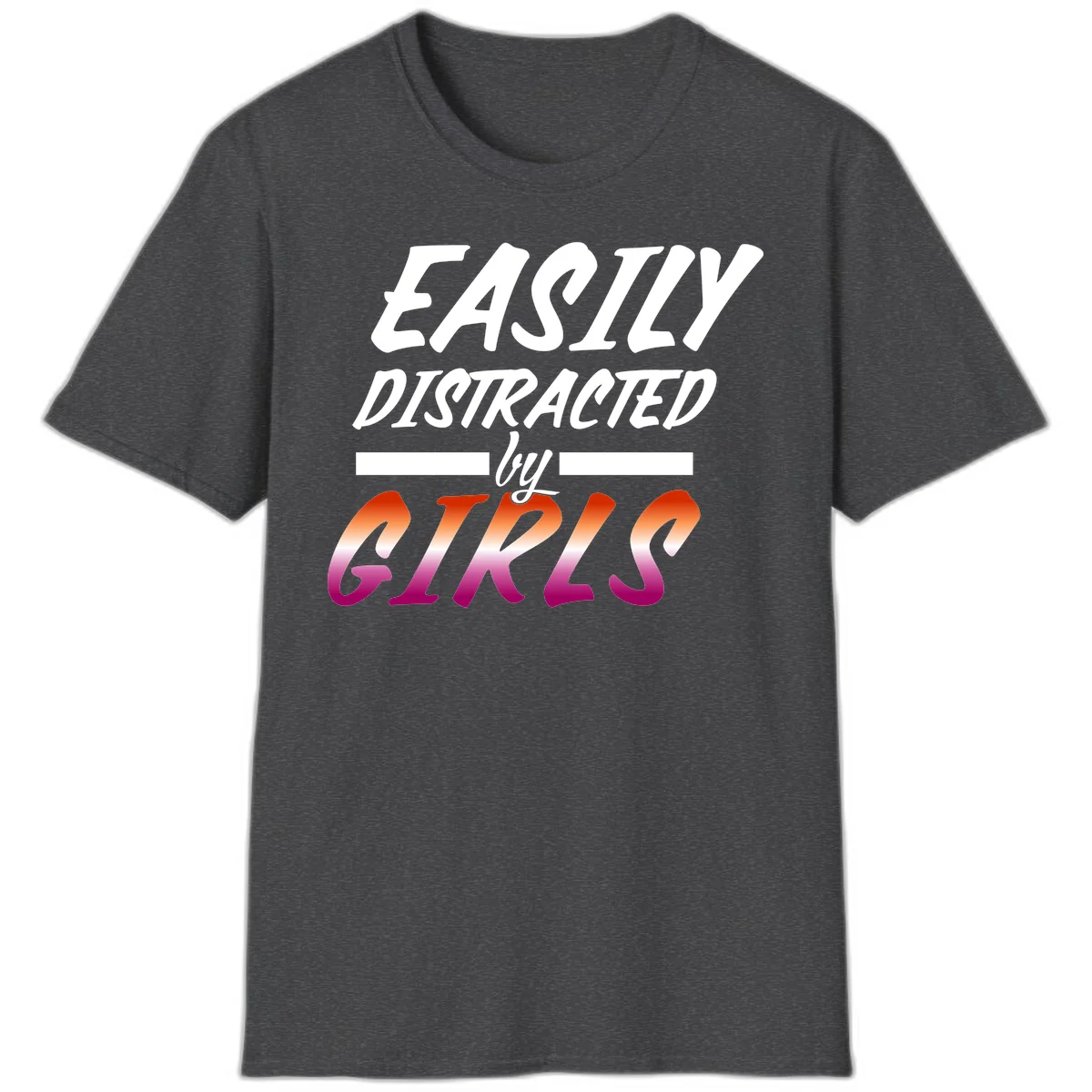 White and gradient red-to-pink text design reading 'Easily Distracted by GIKS' on gray background in Dark Heather