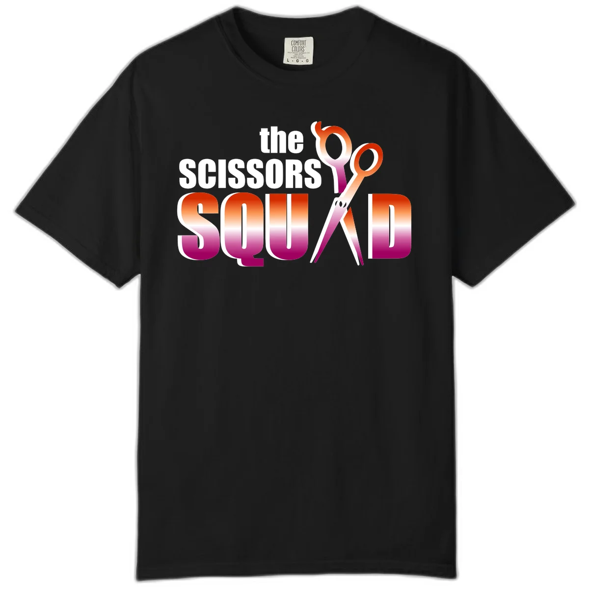 Scissors Squad design featuring gradient red to magenta scissors with bold white text, perfect for hairstylist and beauty professional apparel in Black