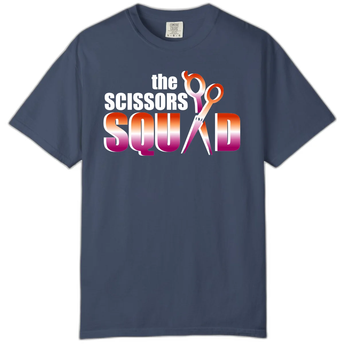 Scissors Squad design featuring gradient red to magenta scissors with bold white text, perfect for hairstylist and beauty professional apparel in Midnight