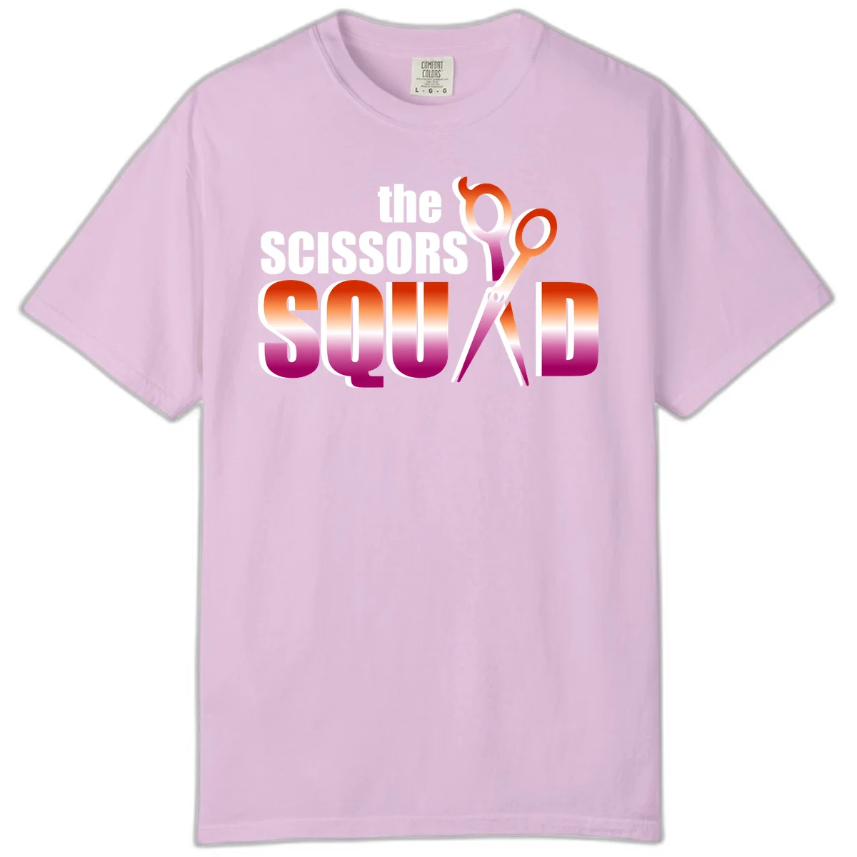 Scissors Squad design featuring gradient red to magenta scissors with bold white text, perfect for hairstylist and beauty professional apparel in Orchid