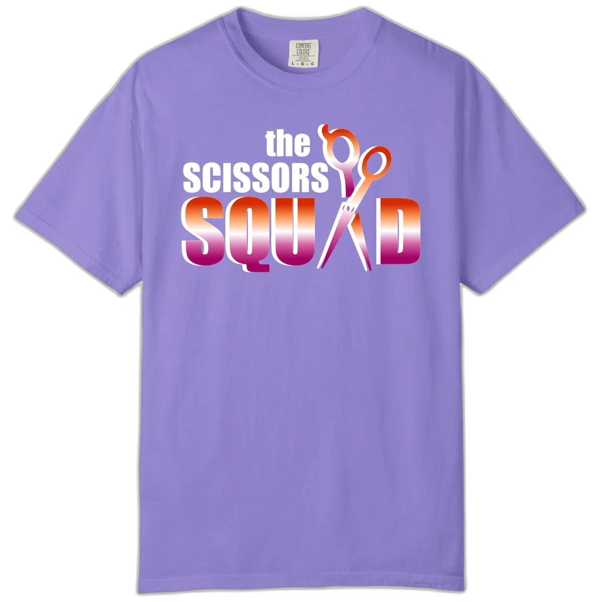 Scissors Squad design featuring gradient red to magenta scissors with bold white text, perfect for hairstylist and beauty professional apparel in Violet