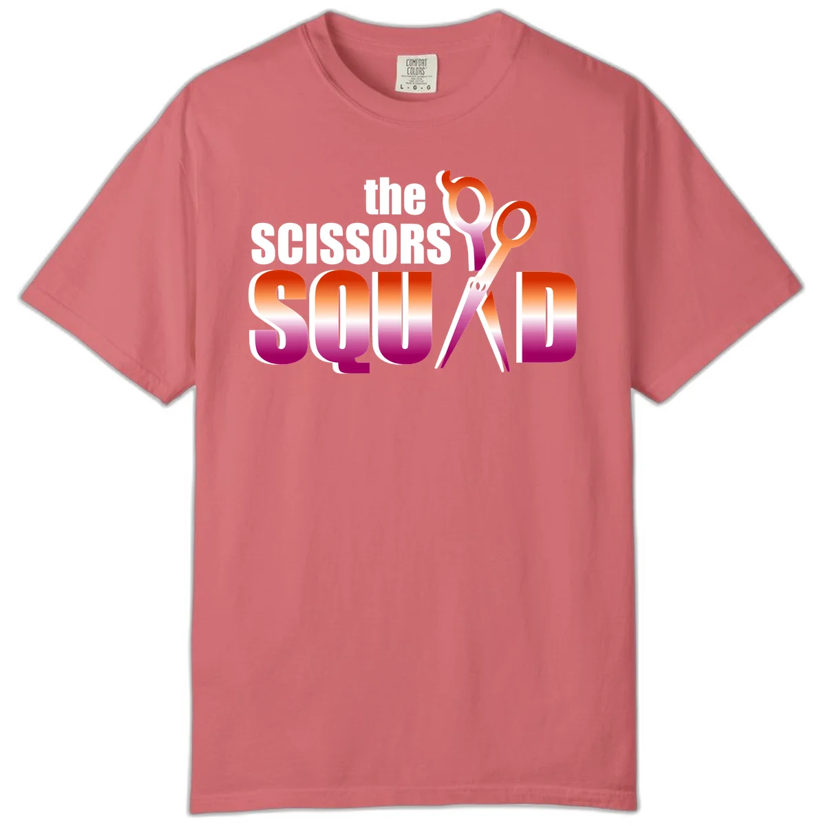 Scissors Squad design featuring gradient red to magenta scissors with bold white text, perfect for hairstylist and beauty professional apparel in Watermelon
