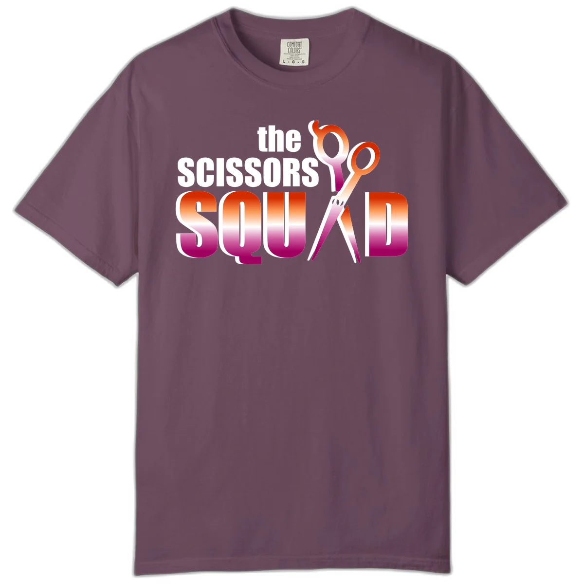 Scissors Squad design featuring gradient red to magenta scissors with bold white text, perfect for hairstylist and beauty professional apparel in Berry