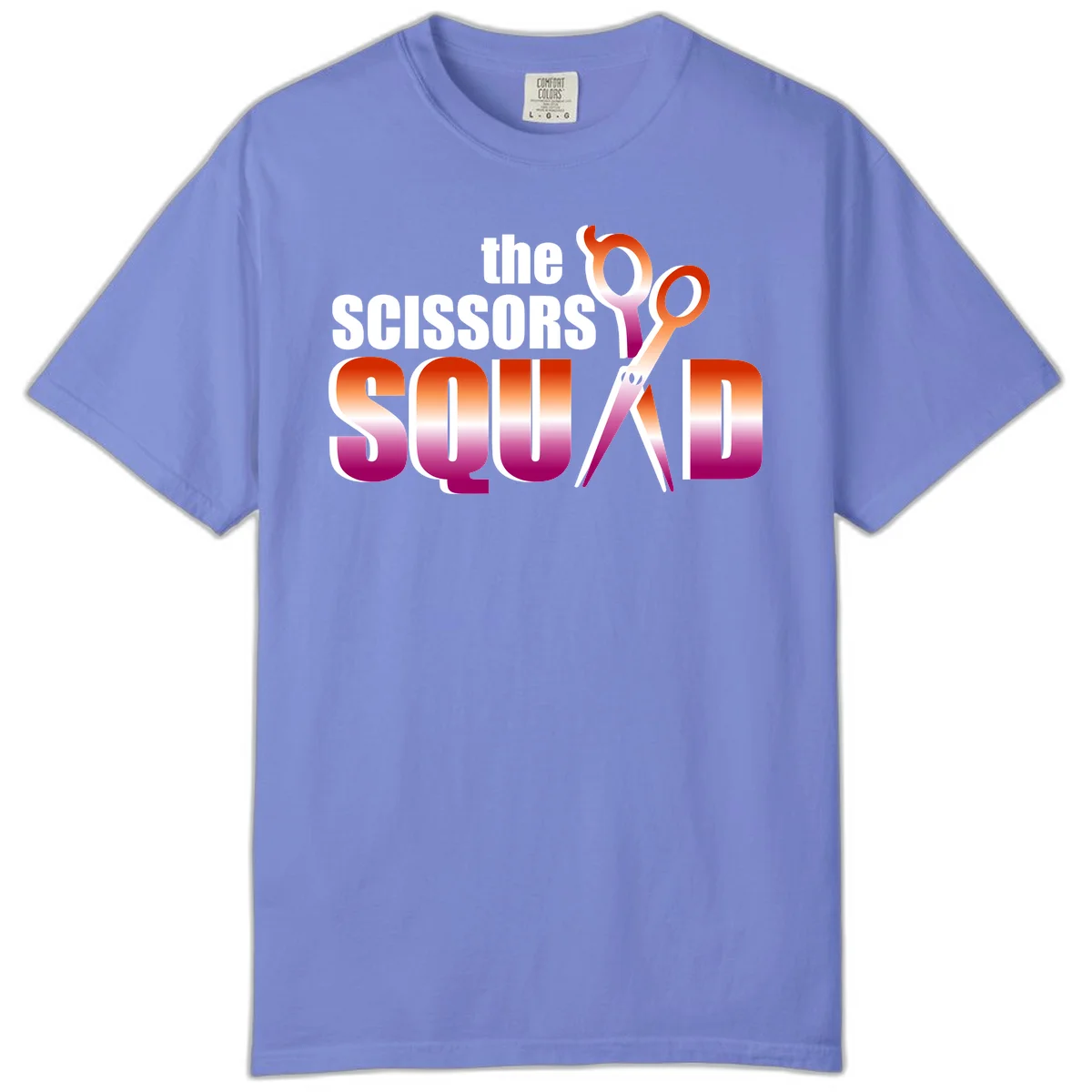Scissors Squad design featuring gradient red to magenta scissors with bold white text, perfect for hairstylist and beauty professional apparel in Flo Blue