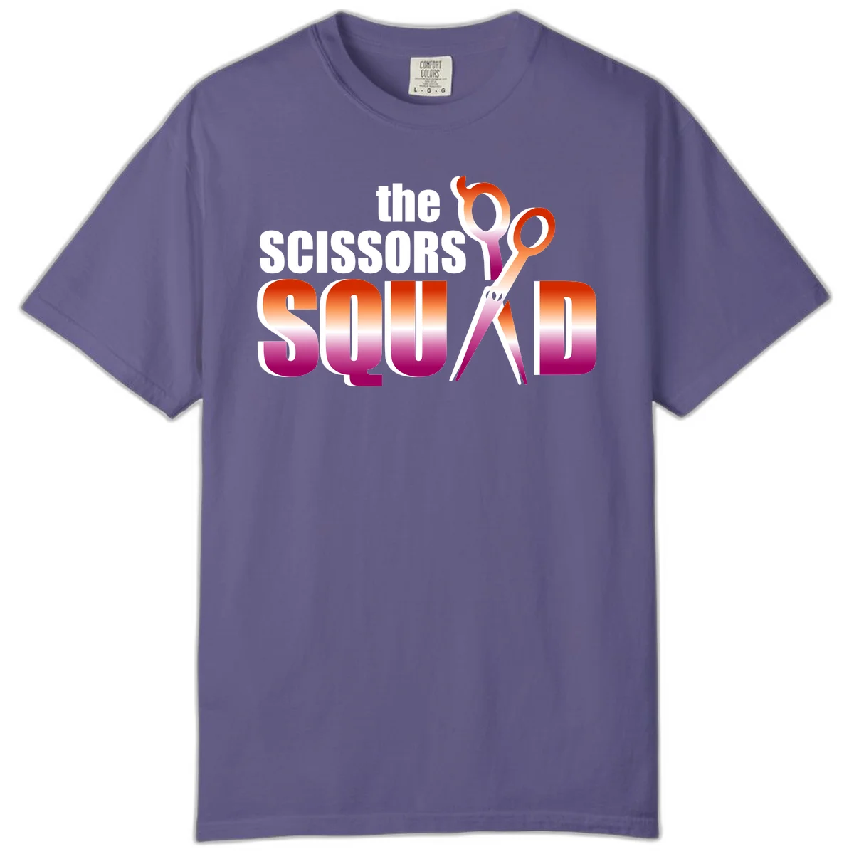 Scissors Squad design featuring gradient red to magenta scissors with bold white text, perfect for hairstylist and beauty professional apparel in Grape