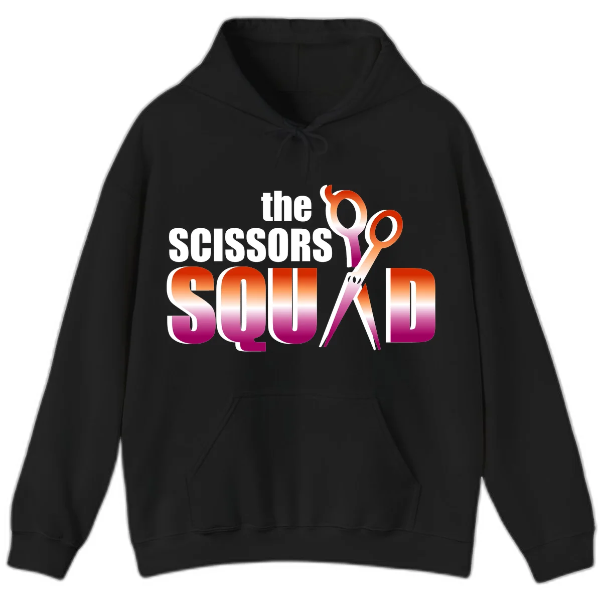 Scissors Squad design featuring gradient red to magenta scissors with bold white text, perfect for hairstylist and beauty professional apparel in Black