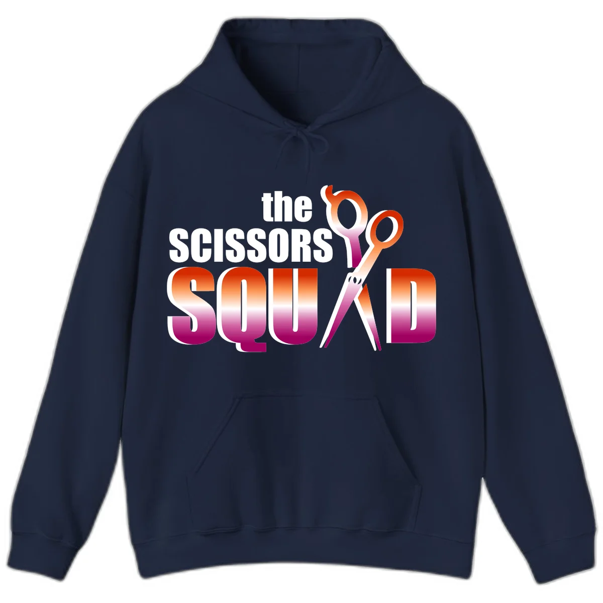 Scissors Squad design featuring gradient red to magenta scissors with bold white text, perfect for hairstylist and beauty professional apparel in Navy