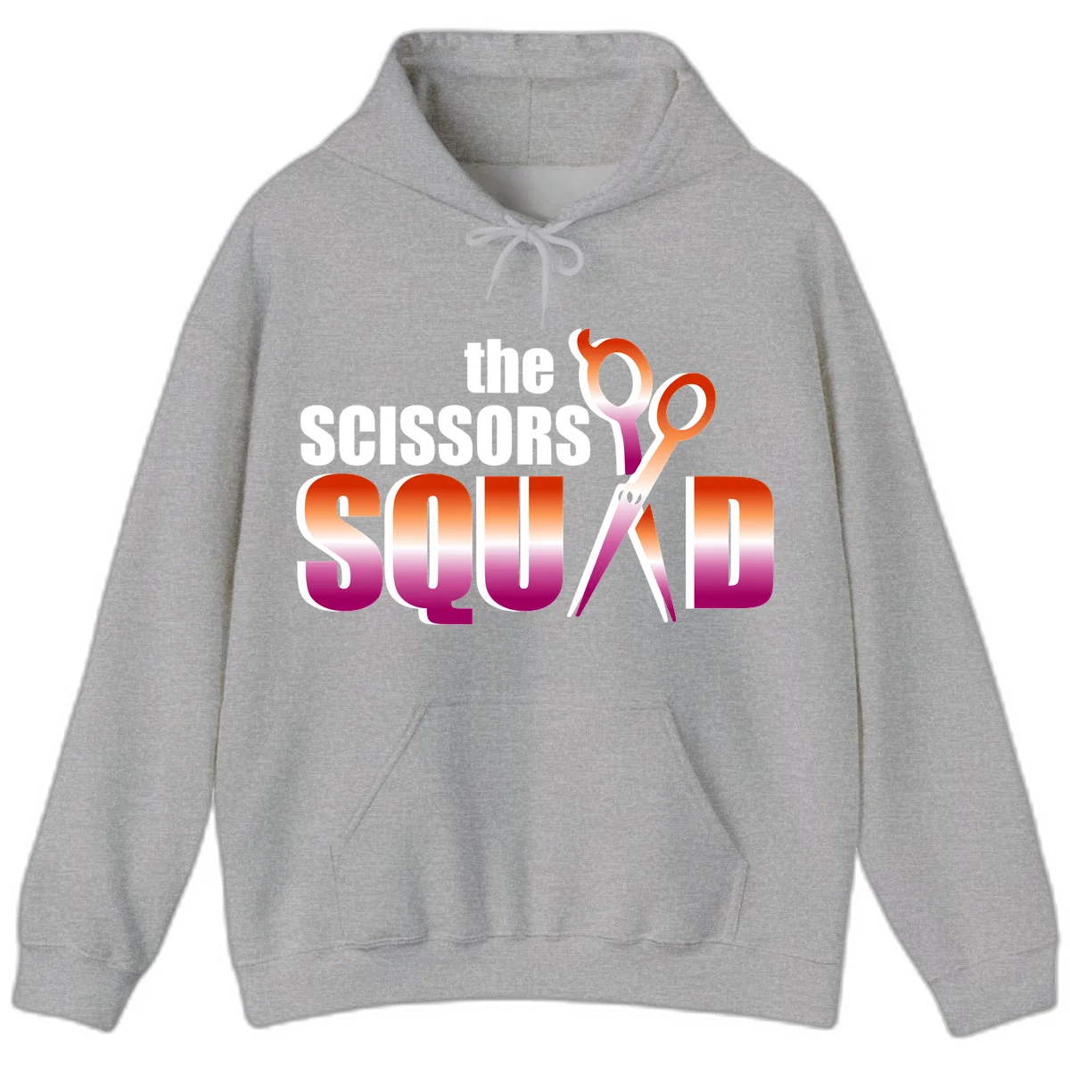 Scissors Squad design featuring gradient red to magenta scissors with bold white text, perfect for hairstylist and beauty professional apparel in Sport Grey