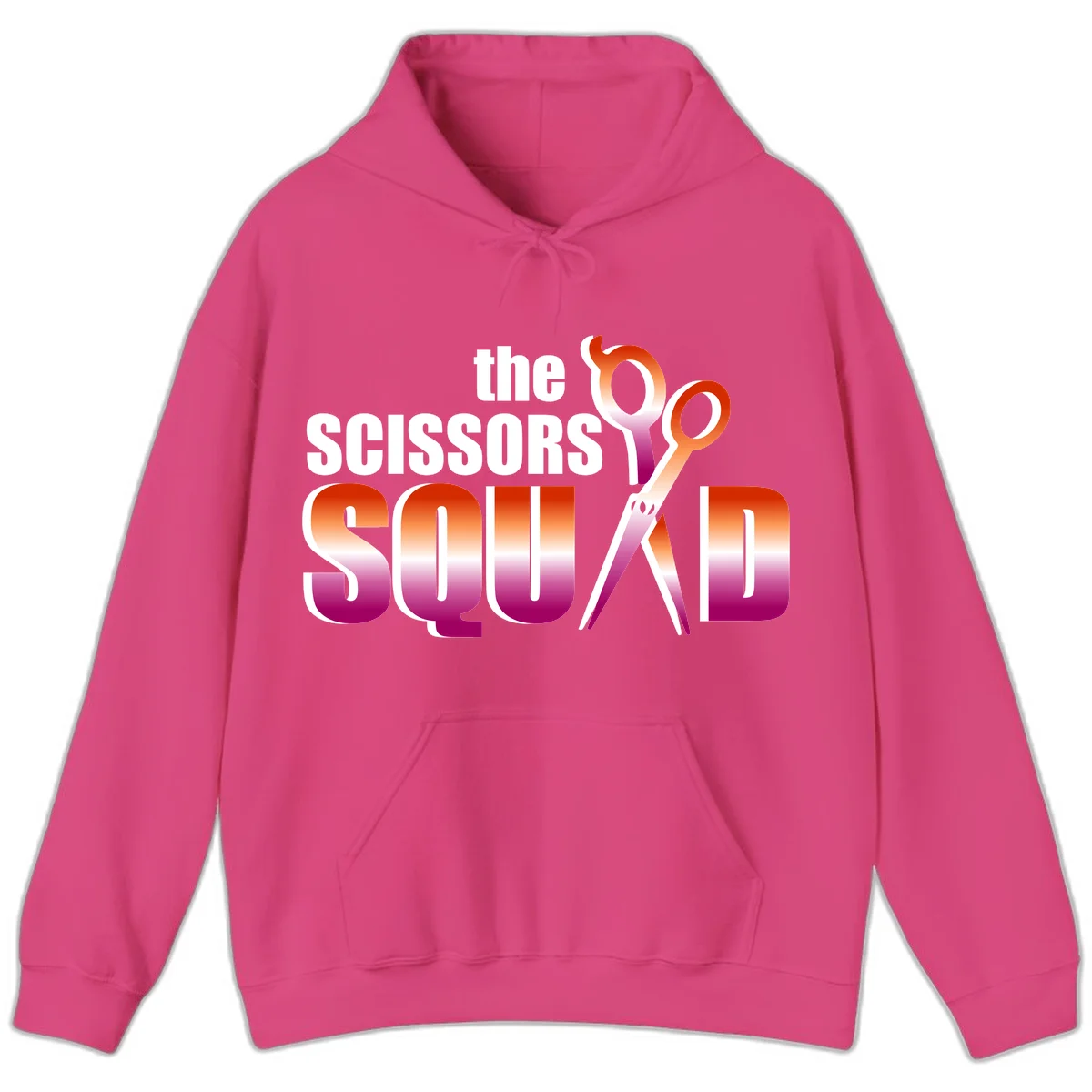 Scissors Squad design featuring gradient red to magenta scissors with bold white text, perfect for hairstylist and beauty professional apparel in Heliconia