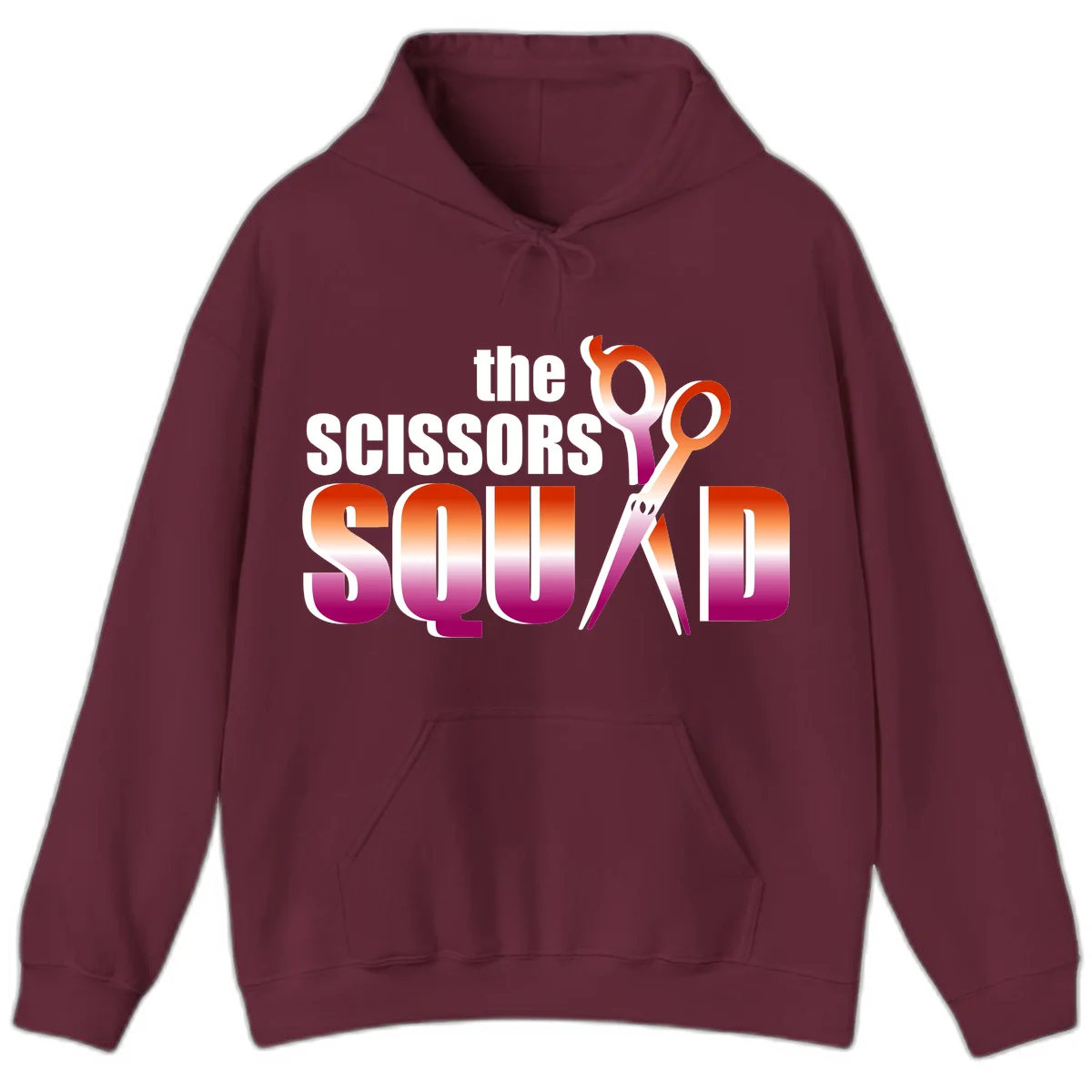 Scissors Squad design featuring gradient red to magenta scissors with bold white text, perfect for hairstylist and beauty professional apparel in Maroon