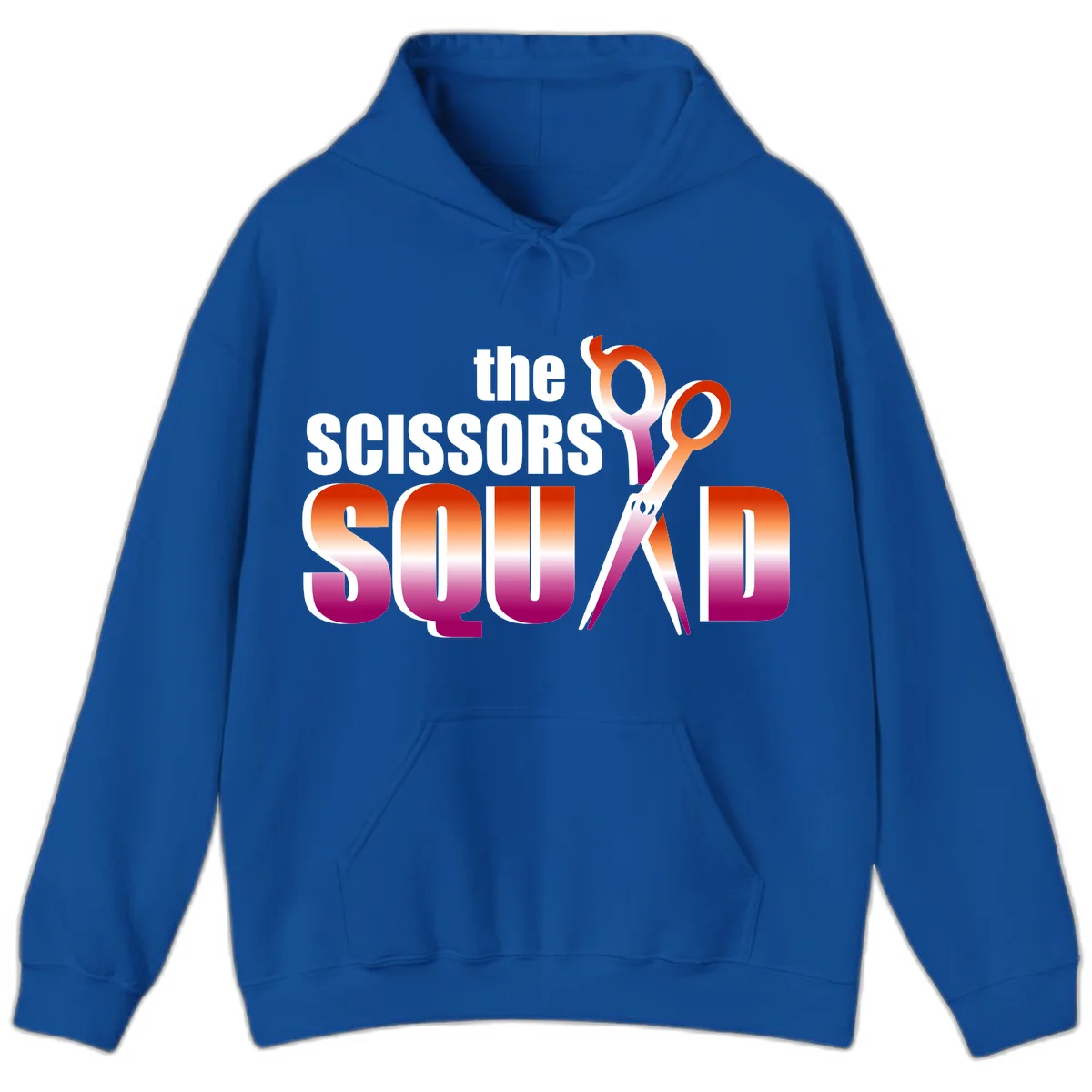 Scissors Squad design featuring gradient red to magenta scissors with bold white text, perfect for hairstylist and beauty professional apparel in Royal