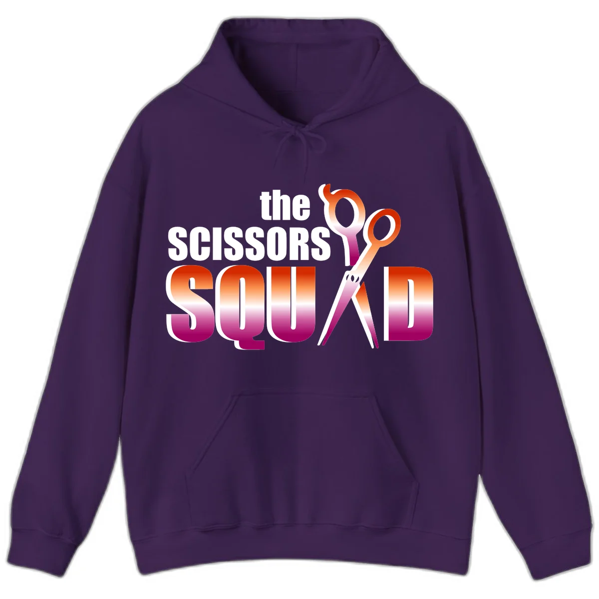 Scissors Squad design featuring gradient red to magenta scissors with bold white text, perfect for hairstylist and beauty professional apparel in Purple