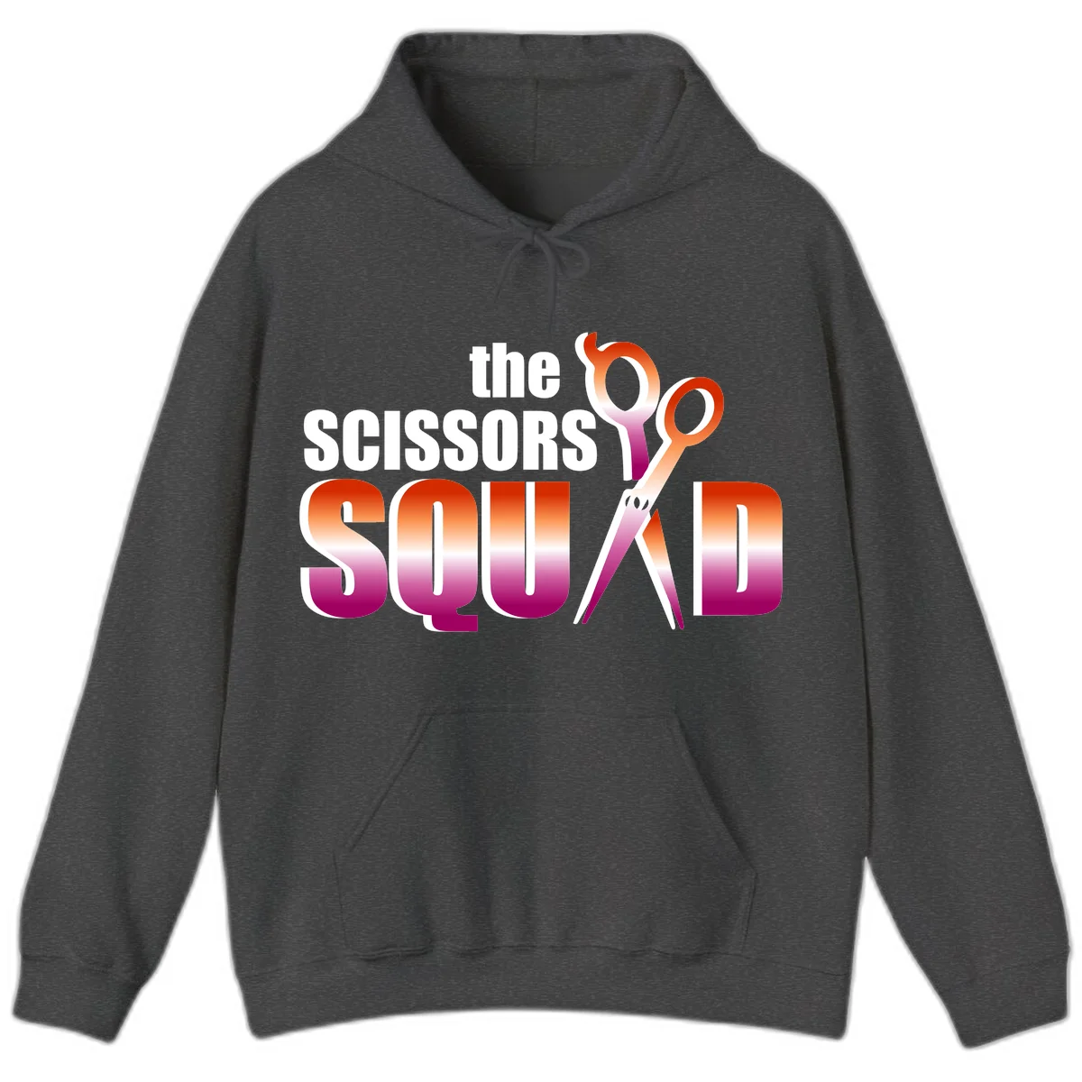 Scissors Squad design featuring gradient red to magenta scissors with bold white text, perfect for hairstylist and beauty professional apparel in Dark Heather