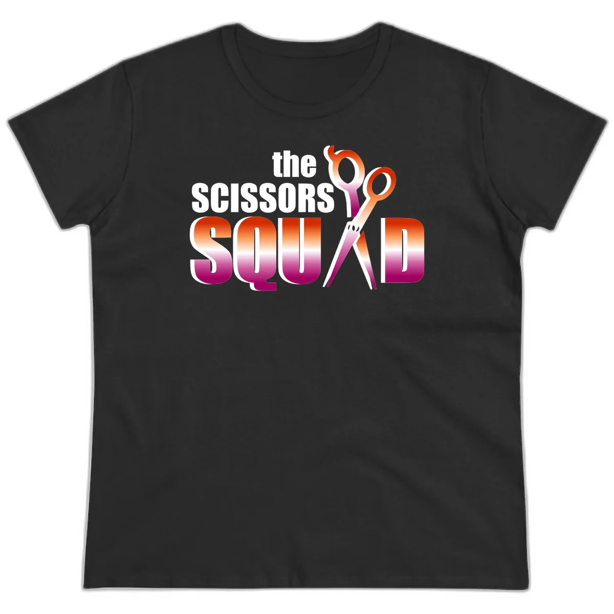 Scissors Squad design featuring gradient red to magenta scissors with bold white text, perfect for hairstylist and beauty professional apparel in Black