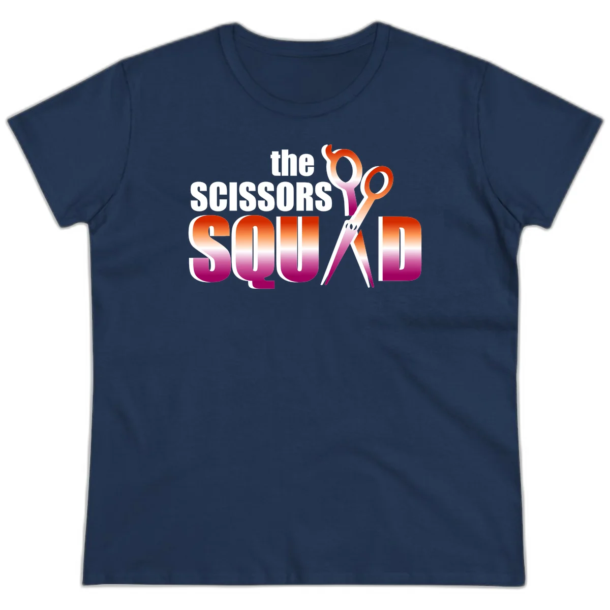 Scissors Squad design featuring gradient red to magenta scissors with bold white text, perfect for hairstylist and beauty professional apparel in Navy