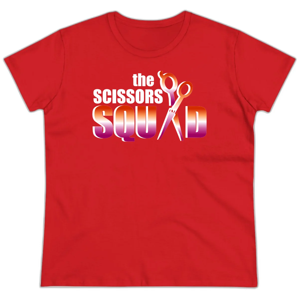 Scissors Squad design featuring gradient red to magenta scissors with bold white text, perfect for hairstylist and beauty professional apparel in Red