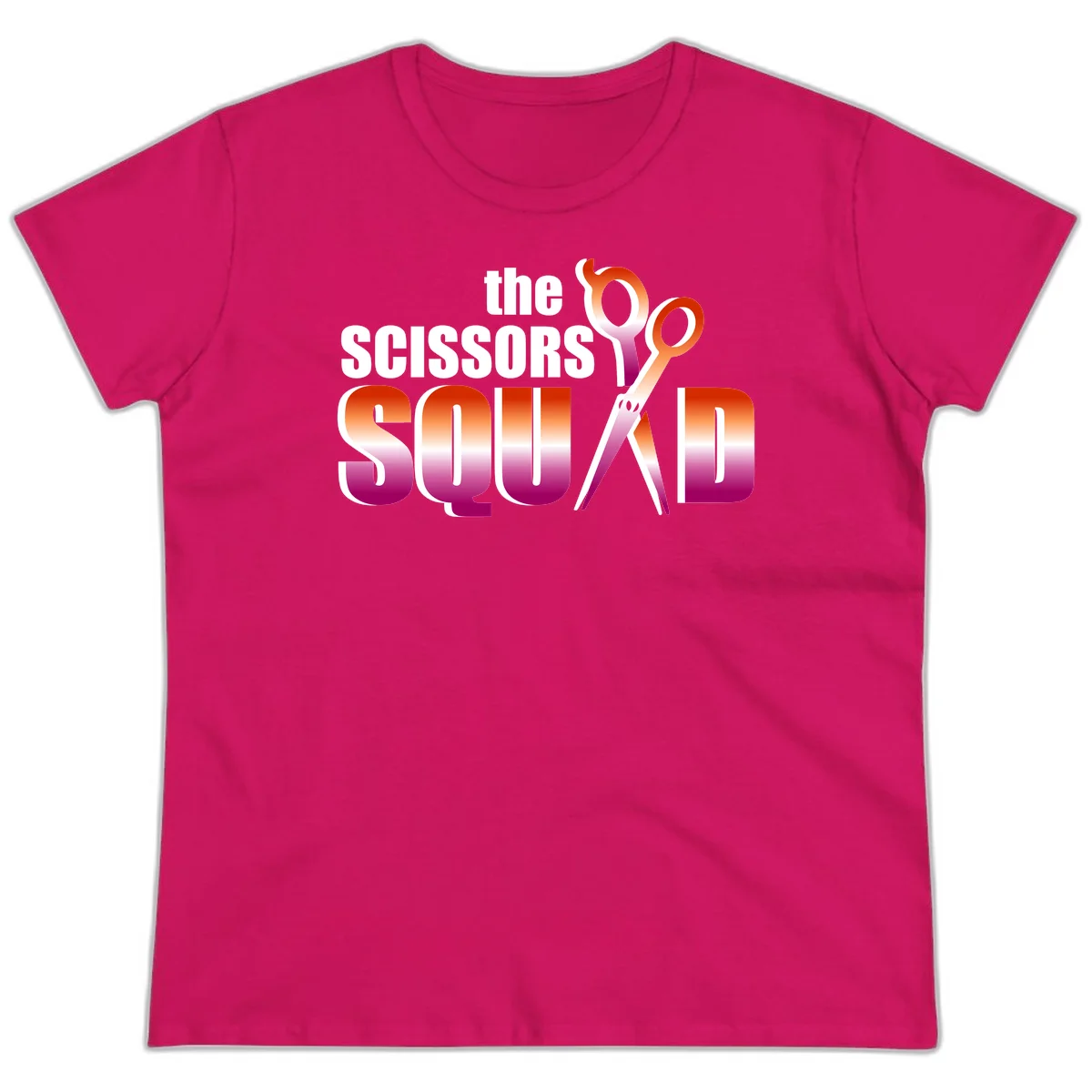 Scissors Squad design featuring gradient red to magenta scissors with bold white text, perfect for hairstylist and beauty professional apparel in Heliconia