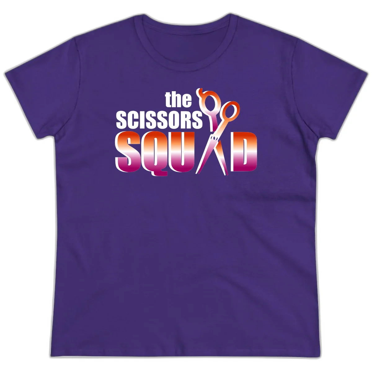 Scissors Squad design featuring gradient red to magenta scissors with bold white text, perfect for hairstylist and beauty professional apparel in Purple