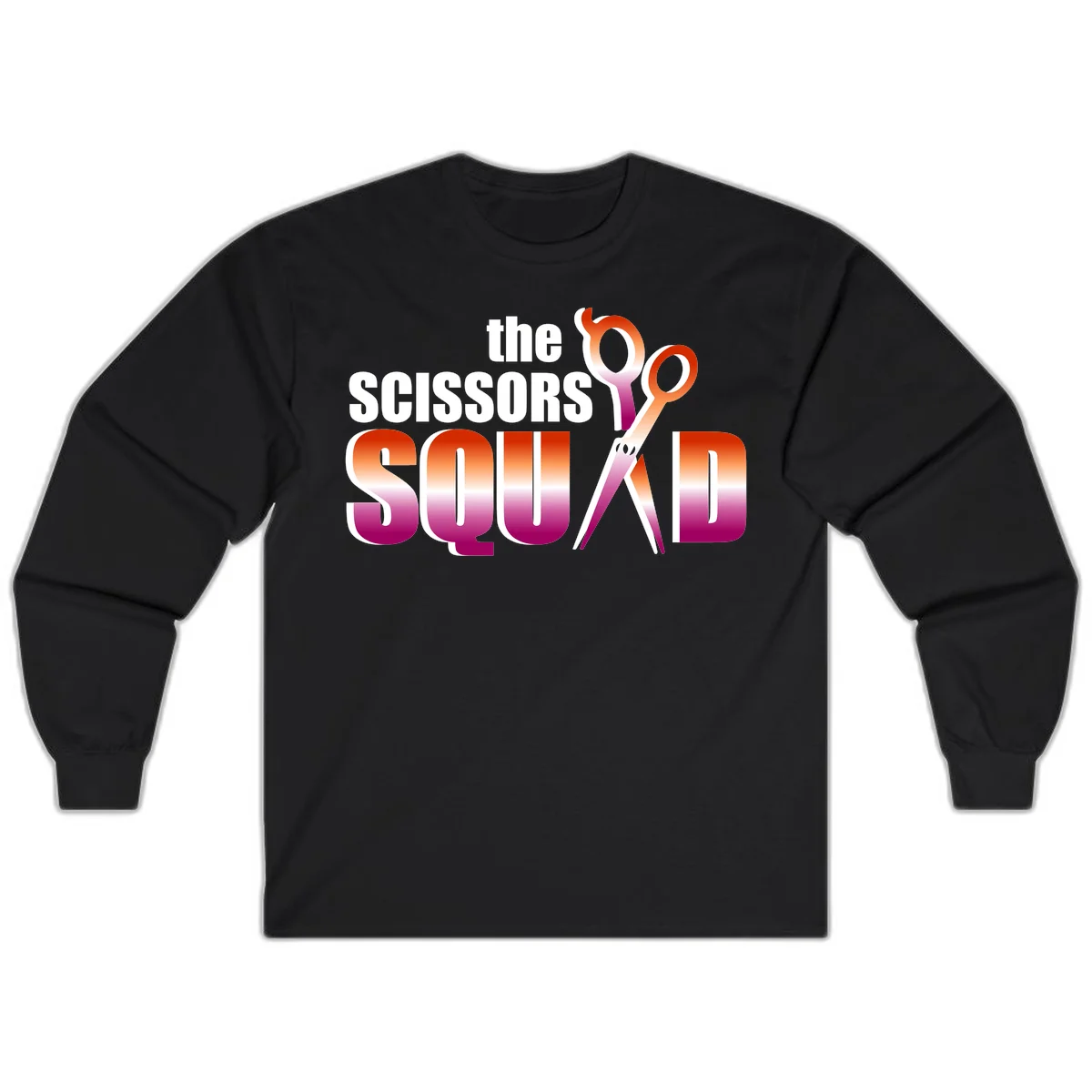 Scissors Squad design featuring gradient red to magenta scissors with bold white text, perfect for hairstylist and beauty professional apparel in Black