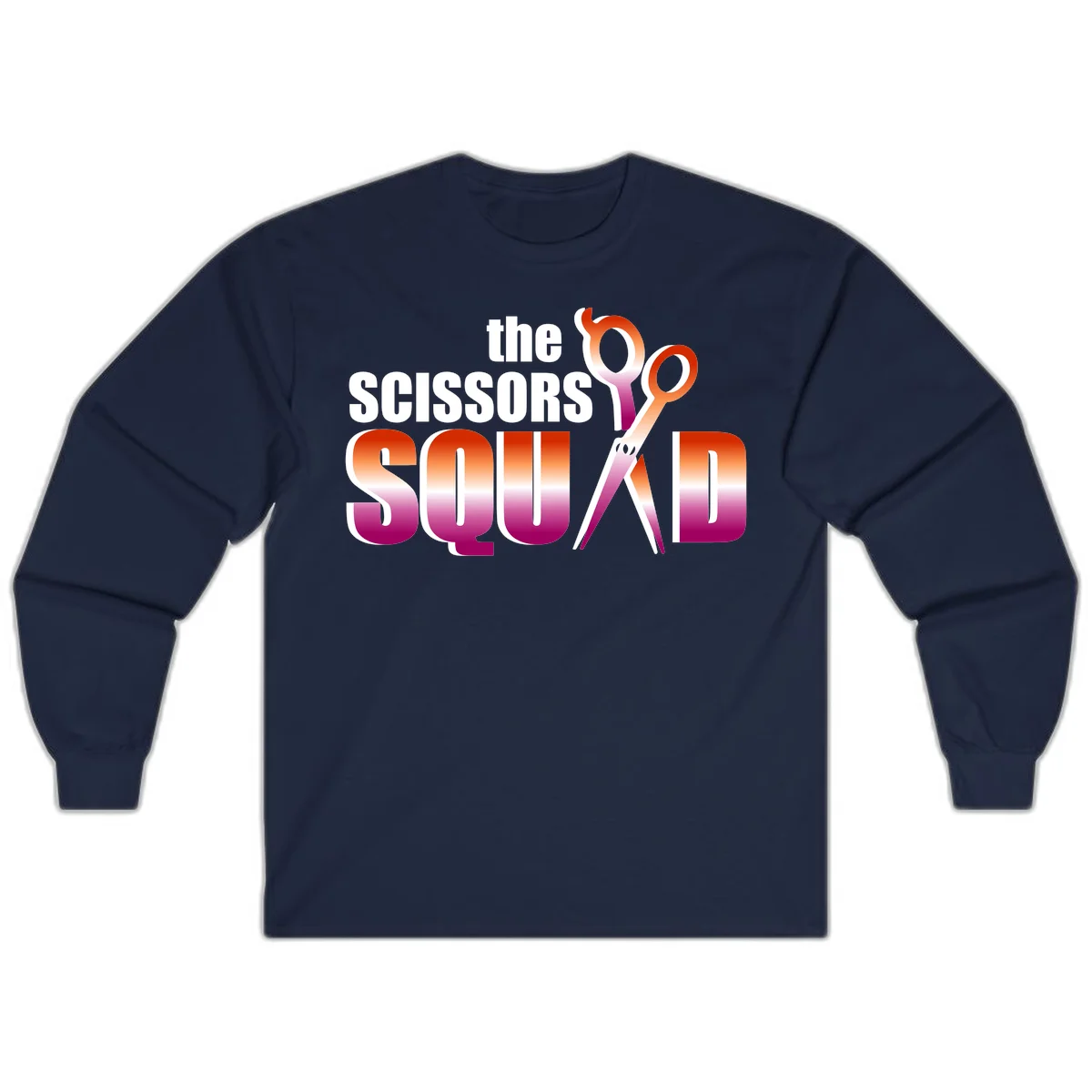 Scissors Squad design featuring gradient red to magenta scissors with bold white text, perfect for hairstylist and beauty professional apparel in Navy