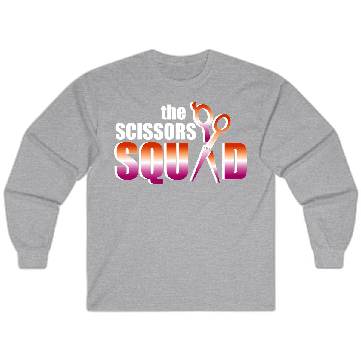 Scissors Squad design featuring gradient red to magenta scissors with bold white text, perfect for hairstylist and beauty professional apparel in Sport Grey