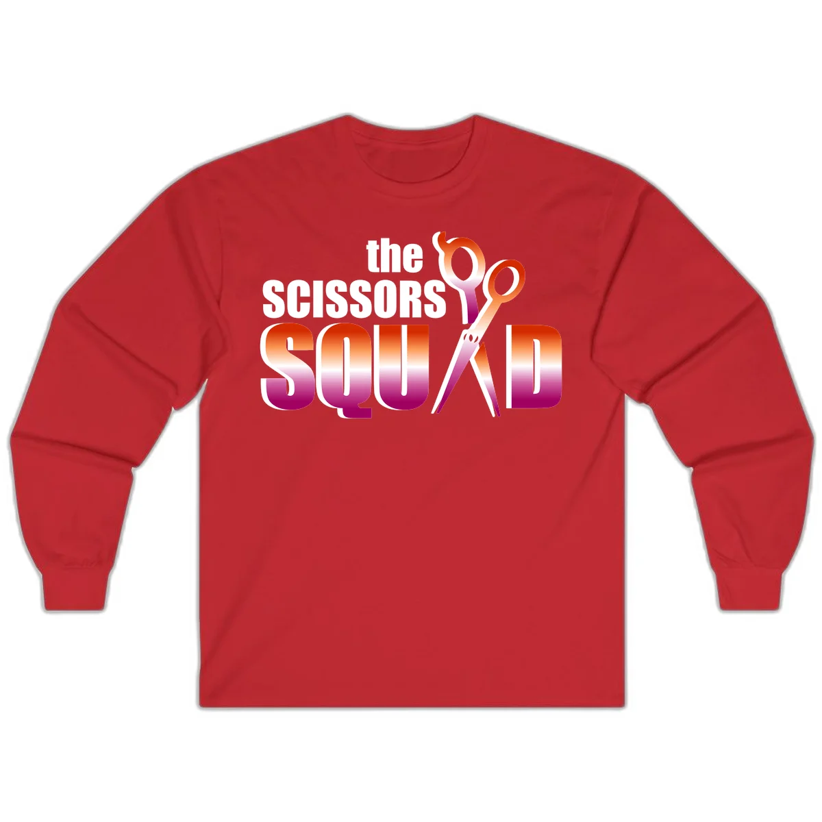 Scissors Squad design featuring gradient red to magenta scissors with bold white text, perfect for hairstylist and beauty professional apparel in Red
