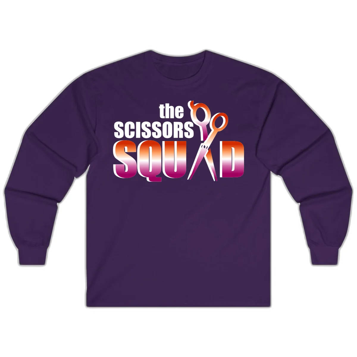 Scissors Squad design featuring gradient red to magenta scissors with bold white text, perfect for hairstylist and beauty professional apparel in Purple