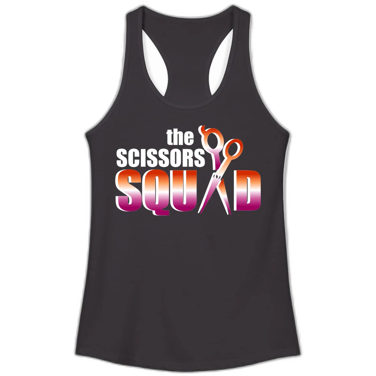 Scissors Squad design featuring gradient red to magenta scissors with bold white text, perfect for hairstylist and beauty professional apparel in Black