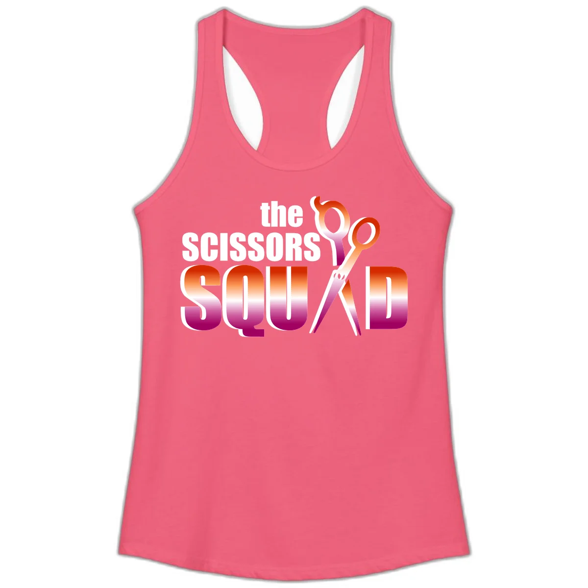 Scissors Squad design featuring gradient red to magenta scissors with bold white text, perfect for hairstylist and beauty professional apparel in Hot Pink