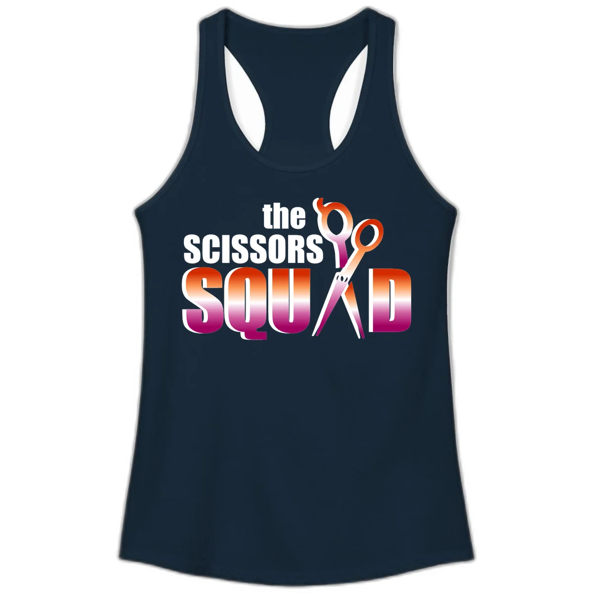 Scissors Squad design featuring gradient red to magenta scissors with bold white text, perfect for hairstylist and beauty professional apparel in Solid Midnight Navy