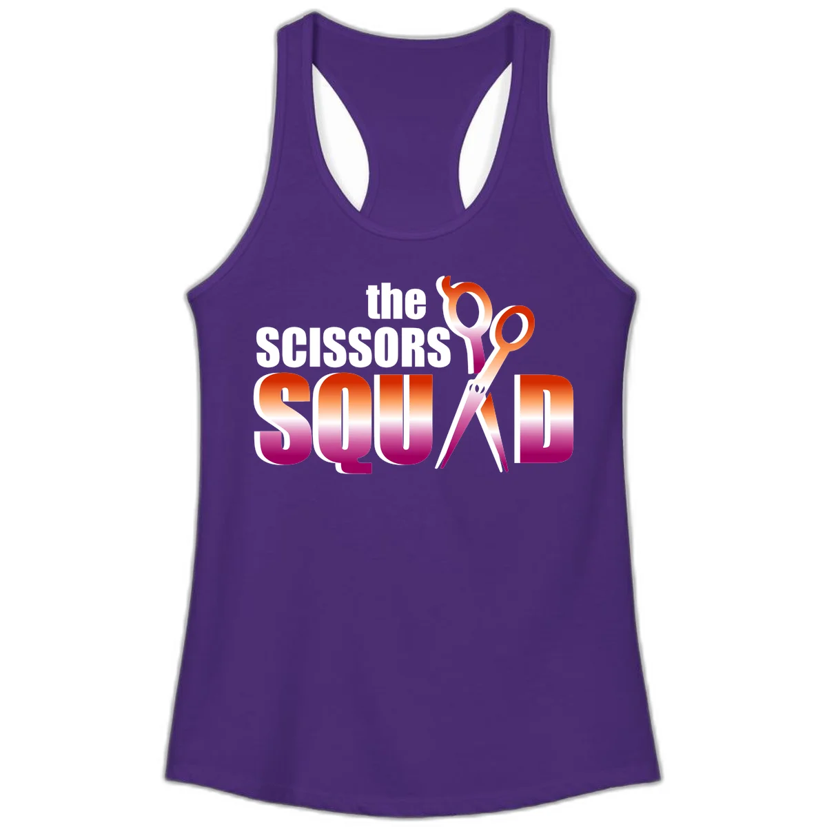 Scissors Squad design featuring gradient red to magenta scissors with bold white text, perfect for hairstylist and beauty professional apparel in Solid Purple Rush