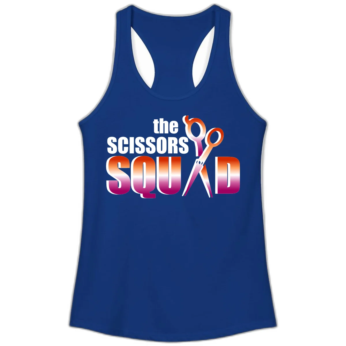 Scissors Squad design featuring gradient red to magenta scissors with bold white text, perfect for hairstylist and beauty professional apparel in Solid Royal