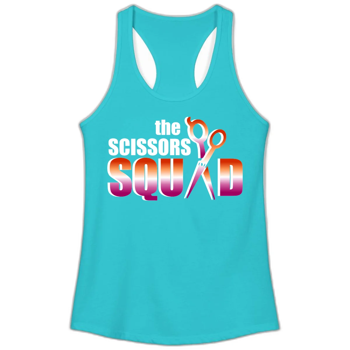 Scissors Squad design featuring gradient red to magenta scissors with bold white text, perfect for hairstylist and beauty professional apparel in Solid Tahiti Blue