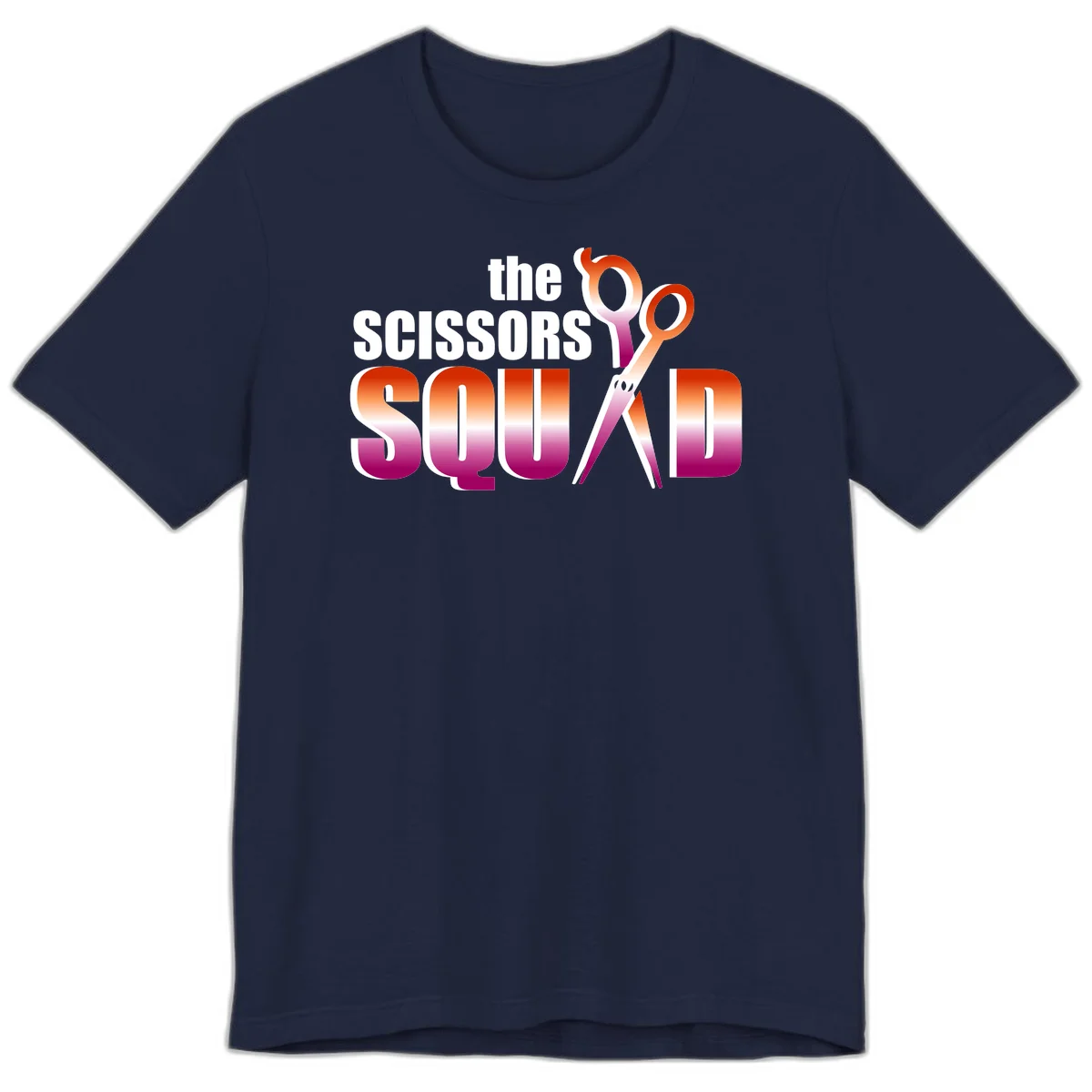 Scissors Squad design featuring gradient red to magenta scissors with bold white text, perfect for hairstylist and beauty professional apparel in Navy